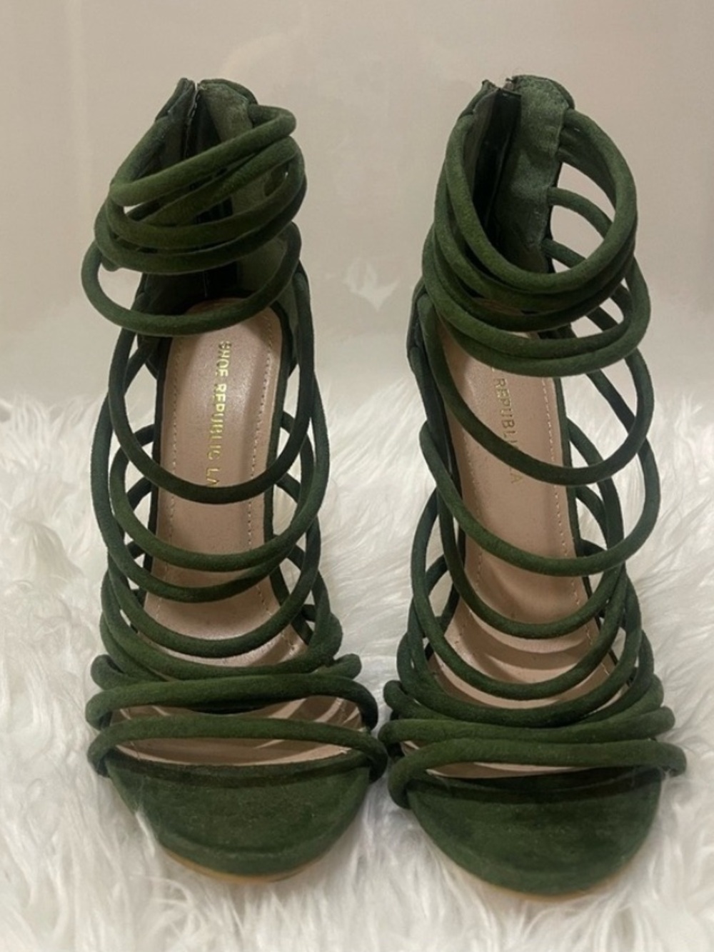 Shoe Republic LA Womens Olive Green Caged Strappy High Heel Sandals Size 6